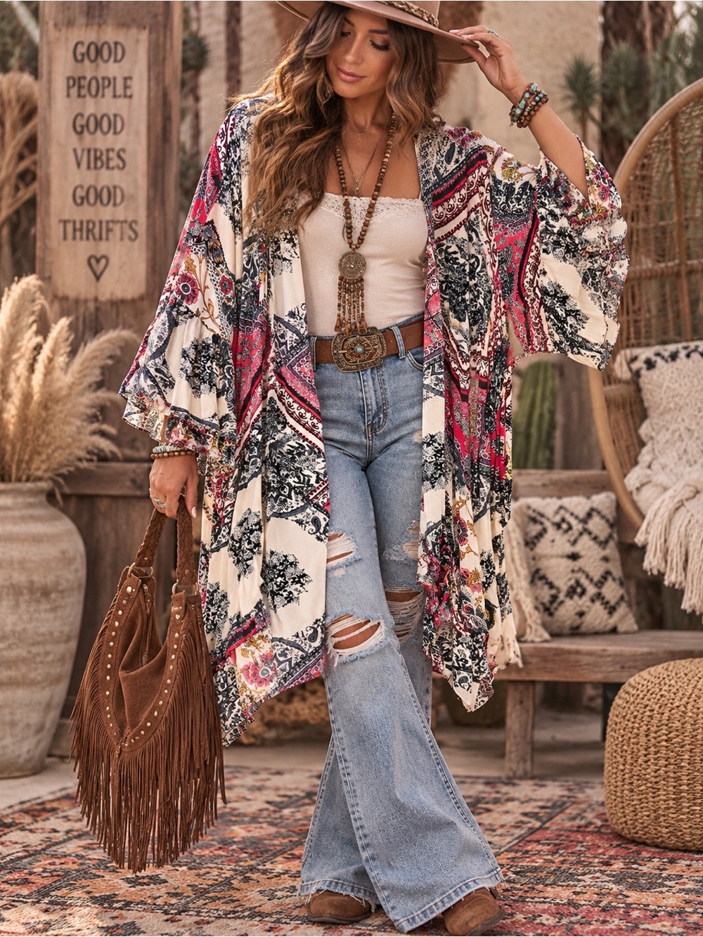 Gigio Boho Floral Multi-Color Kimono Cardigan Duster with Flutter Sleeves